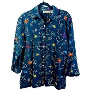 New Direction Navy Embroidered Floral Artsy Login Look top Linen Cotton Women L